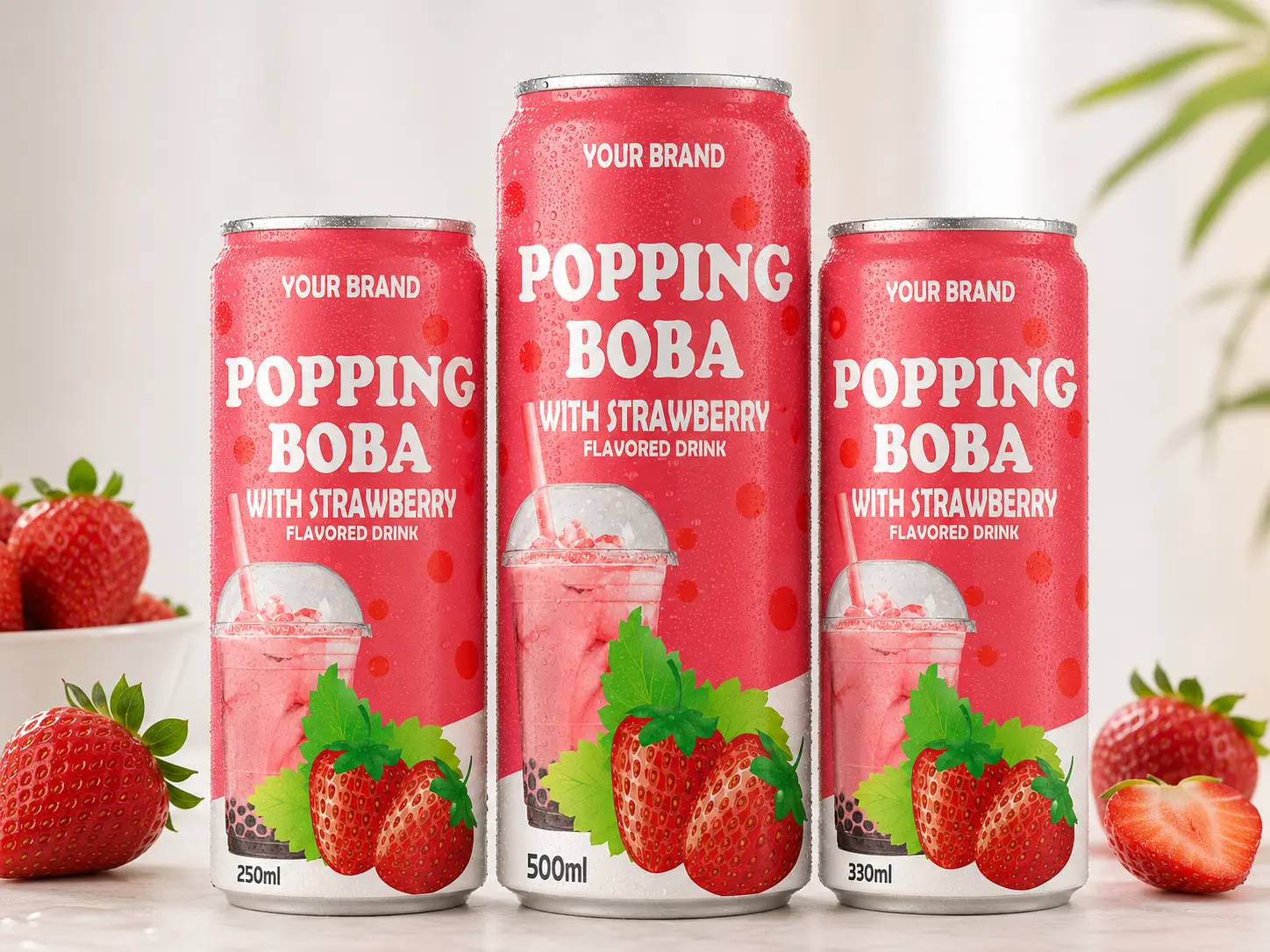 BUBBLE TEA Strawberry flavored popping boba drink shown in 250ml, 500ml, and 330ml cans.